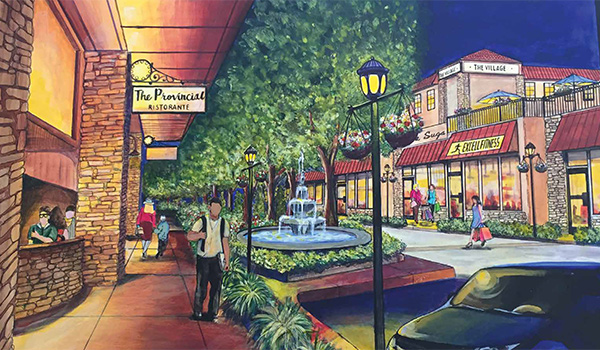 Artist's rendering of The Village at View High: a lamp-lit street with a fountain, The Provincial Ristorante and shops
